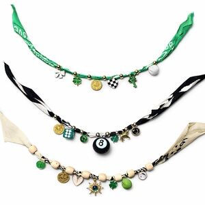 Handmade Green, Ivory and Black Bandana Stacking Charm Bracelets Set of 3